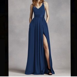 White by Vera Wang V Neck Halter Gown / Bridesmaids Dress - Marine - Size 8